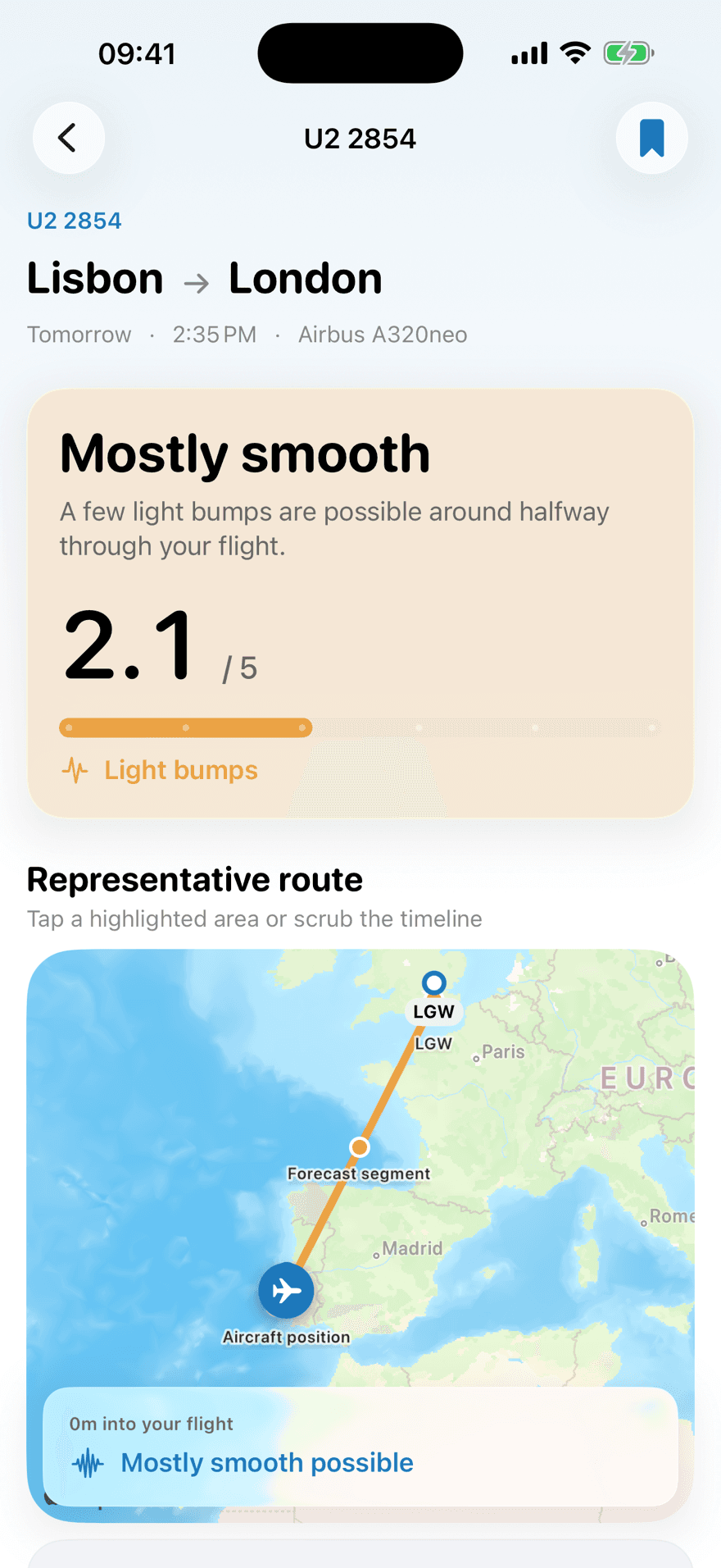 CabinCalm forecast showing a mostly smooth flight and the route between Lisbon and London Gatwick